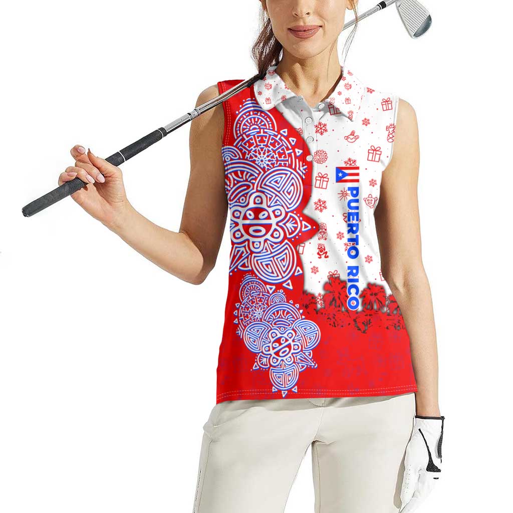 Puerto Rico Christmas Women Sleeveless Polo Shirt with Taino Symbols Palm Tree Bongos and Holiday Pattern Design - Wonder Print Shop
