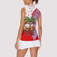 Puerto Rico Christmas Women Sleeveless Polo Shirt with Taino Symbols Palm Tree Bongos and Holiday Pattern Design - Wonder Print Shop