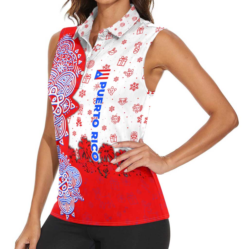Puerto Rico Christmas Women Sleeveless Polo Shirt with Taino Symbols Palm Tree Bongos and Holiday Pattern Design - Wonder Print Shop