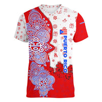 Puerto Rico Christmas Women V-Neck T-Shirt with Taino Symbols Palm Tree Bongos and Holiday Pattern Design - Wonder Print Shop
