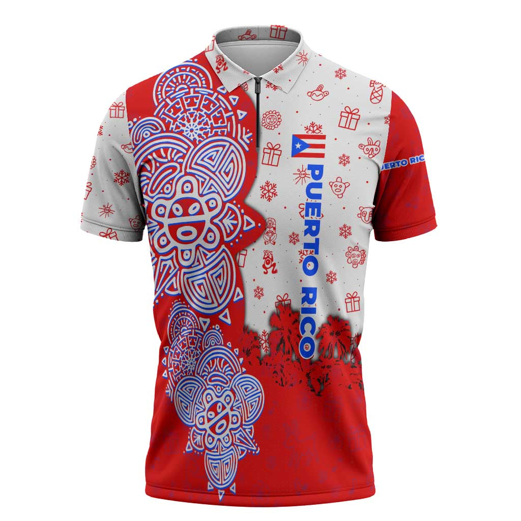 Puerto Rico Christmas Zipper Polo Shirt with Taino Symbols Palm Tree Bongos and Holiday Pattern Design - Wonder Print Shop