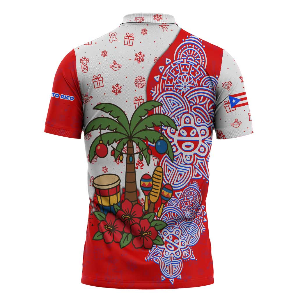 Puerto Rico Christmas Zipper Polo Shirt with Taino Symbols Palm Tree Bongos and Holiday Pattern Design - Wonder Print Shop