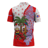 Puerto Rico Christmas Zipper Polo Shirt with Taino Symbols Palm Tree Bongos and Holiday Pattern Design - Wonder Print Shop