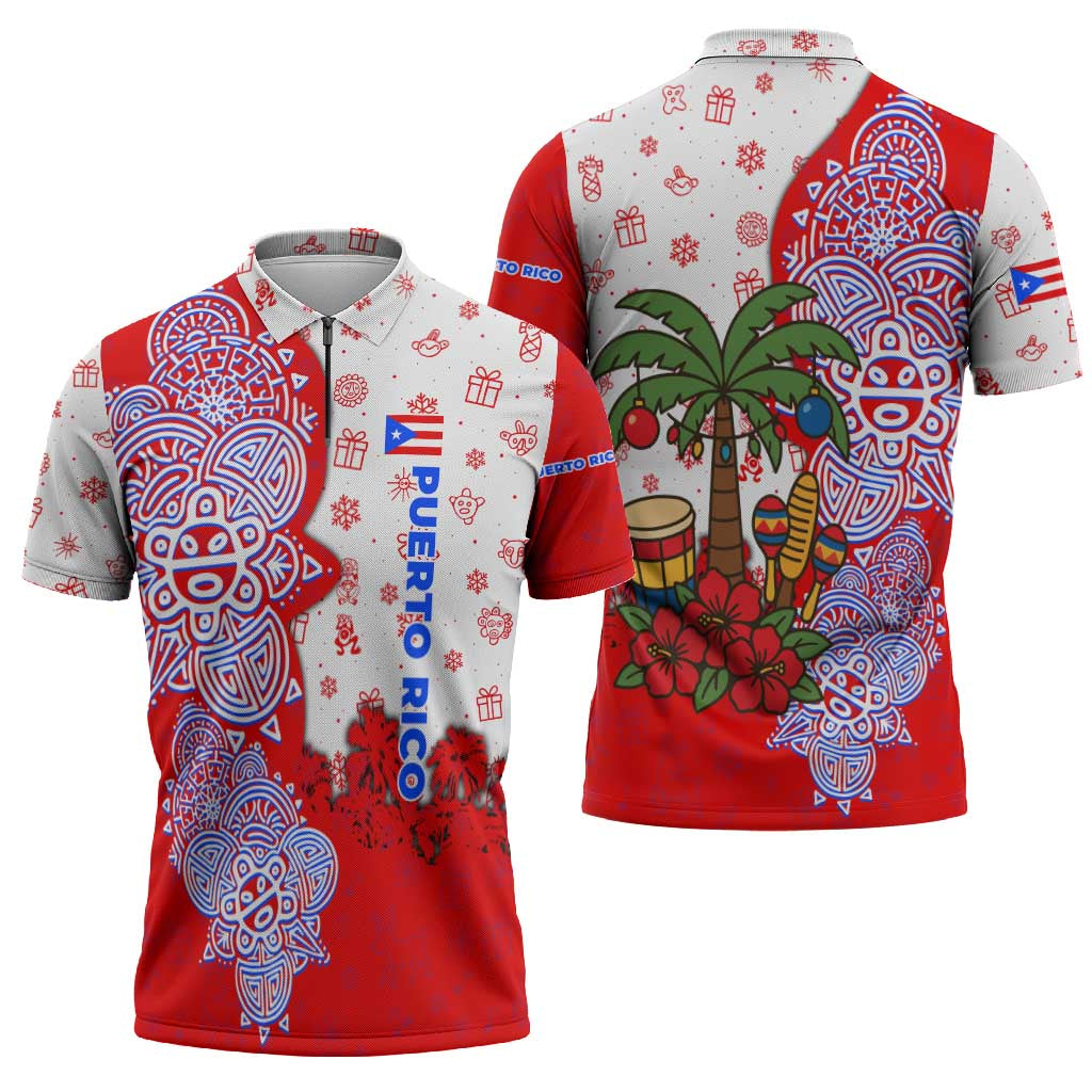Puerto Rico Christmas Zipper Polo Shirt with Taino Symbols Palm Tree Bongos and Holiday Pattern Design - Wonder Print Shop