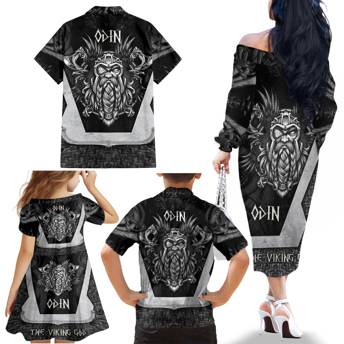 Odin The Viking God Family Matching Off Shoulder Long Sleeve Dress and Hawaiian Shirt - Wonder Print Shop