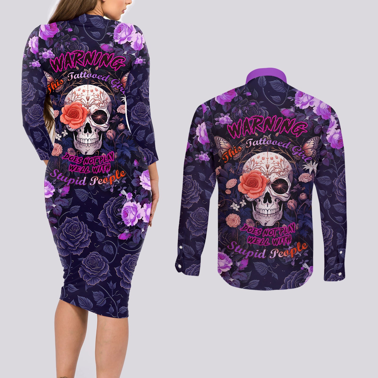 Warning This Tattooed Give Does Not Play Well With Stupid People Couples Matching Long Sleeve Bodycon Dress and Long Sleeve Button Shirts - Wonder Print Shop