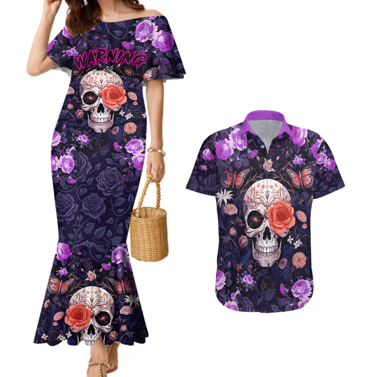 Warning This Tattooed Give Does Not Play Well With Stupid People Couples Matching Mermaid Dress and Hawaiian Shirt - Wonder Print Shop