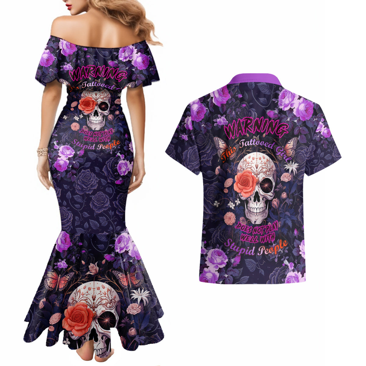 Warning This Tattooed Give Does Not Play Well With Stupid People Couples Matching Mermaid Dress and Hawaiian Shirt - Wonder Print Shop