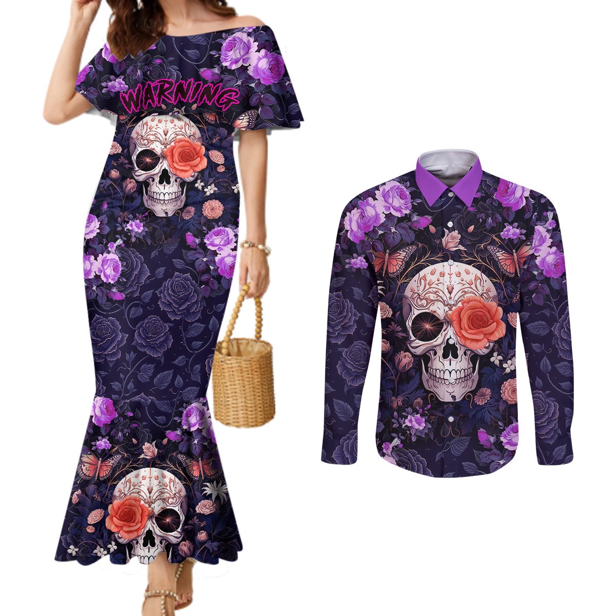 warning-this-tattooed-give-does-not-play-well-with-stupid-people-couples-matching-mermaid-dress-and-long-sleeve-button-shirts