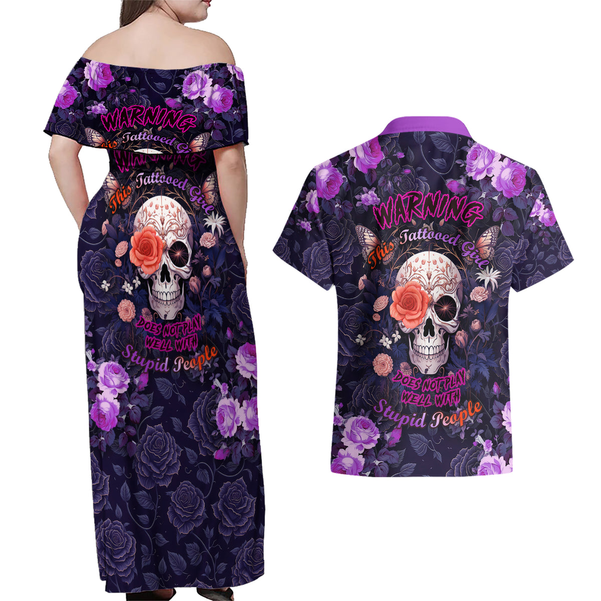 Warning This Tattooed Give Does Not Play Well With Stupid People Couples Matching Off Shoulder Maxi Dress and Hawaiian Shirt - Wonder Print Shop