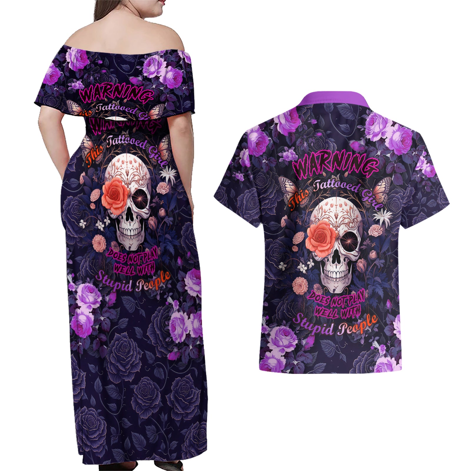 Warning This Tattooed Give Does Not Play Well With Stupid People Couples Matching Off Shoulder Maxi Dress and Hawaiian Shirt - Wonder Print Shop