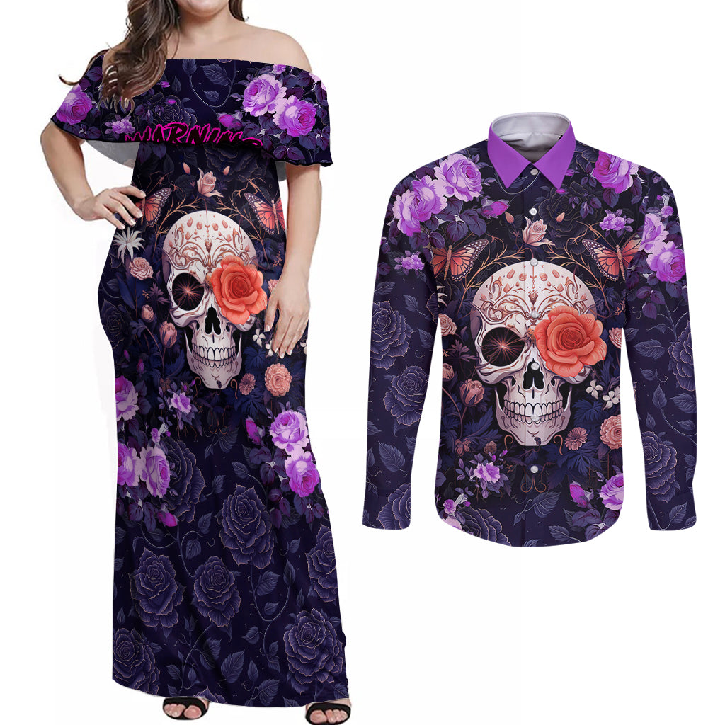 Warning This Tattooed Give Does Not Play Well With Stupid People Couples Matching Off Shoulder Maxi Dress and Long Sleeve Button Shirts - Wonder Print Shop
