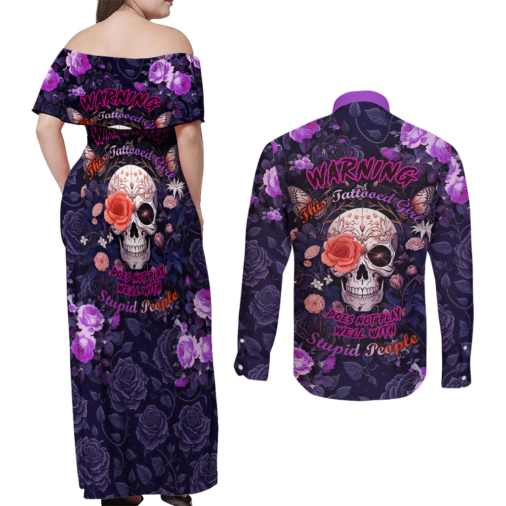 Warning This Tattooed Give Does Not Play Well With Stupid People Couples Matching Off Shoulder Maxi Dress and Long Sleeve Button Shirts - Wonder Print Shop