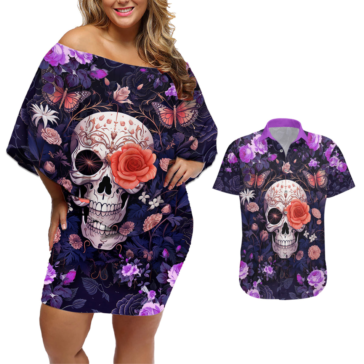 Warning This Tattooed Give Does Not Play Well With Stupid People Couples Matching Off Shoulder Short Dress and Hawaiian Shirt - Wonder Print Shop