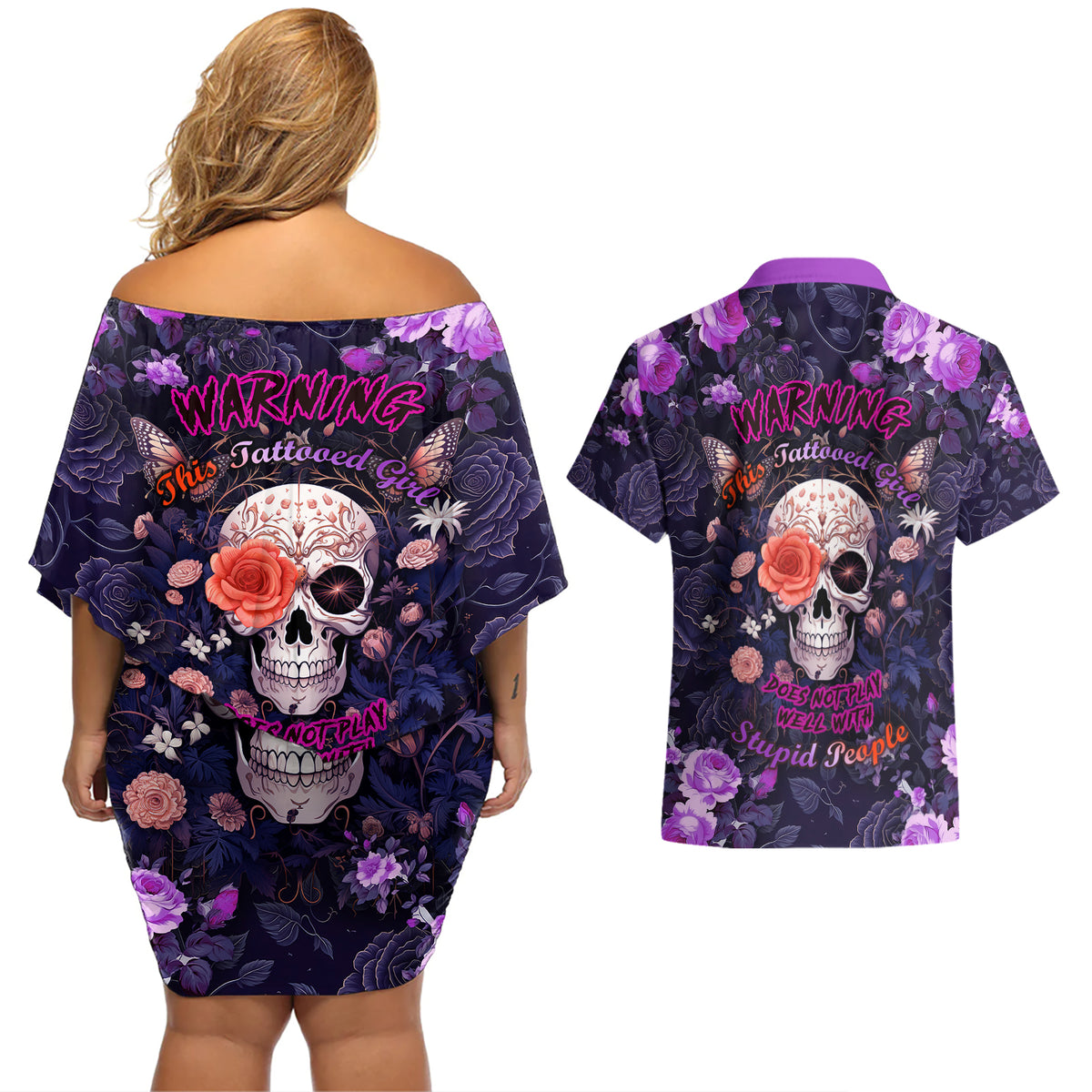 Warning This Tattooed Give Does Not Play Well With Stupid People Couples Matching Off Shoulder Short Dress and Hawaiian Shirt - Wonder Print Shop