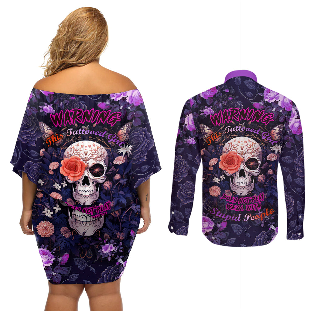 Warning This Tattooed Give Does Not Play Well With Stupid People Couples Matching Off Shoulder Short Dress and Long Sleeve Button Shirts - Wonder Print Shop