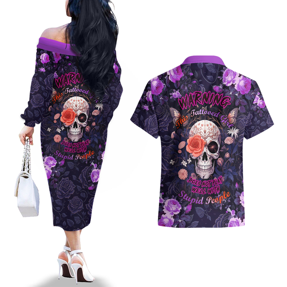 Warning This Tattooed Give Does Not Play Well With Stupid People Couples Matching Off The Shoulder Long Sleeve Dress and Hawaiian Shirt - Wonder Print Shop