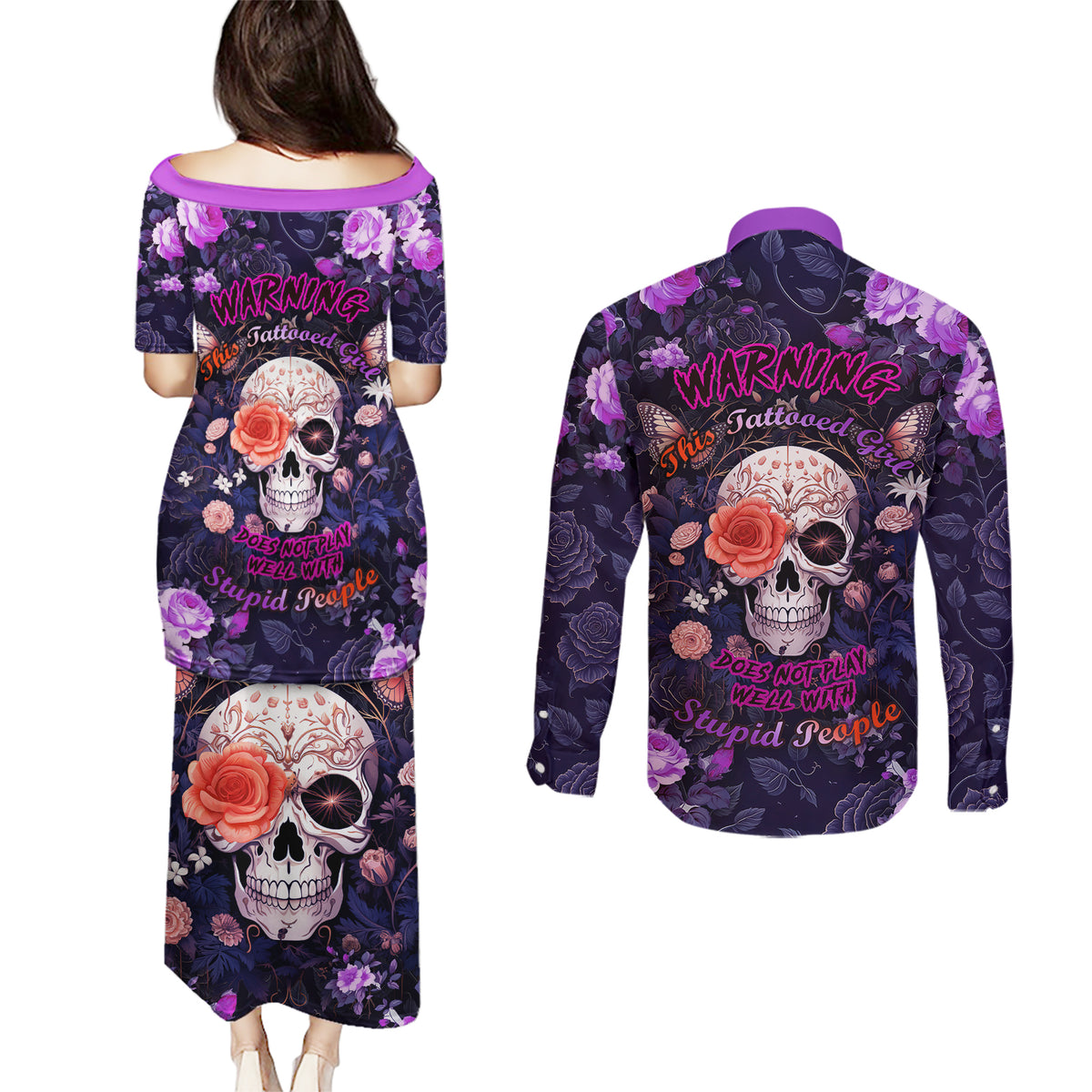 Warning This Tattooed Give Does Not Play Well With Stupid People Couples Matching Puletasi Dress and Long Sleeve Button Shirts - Wonder Print Shop