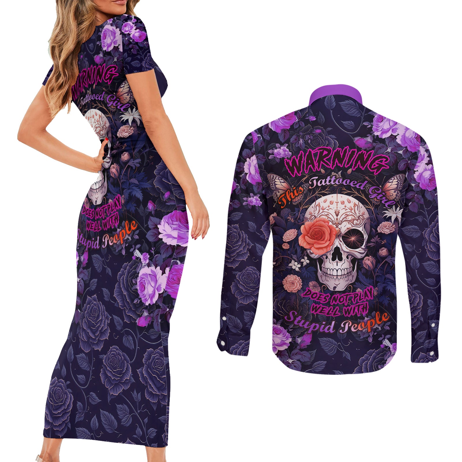 Warning This Tattooed Give Does Not Play Well With Stupid People Couples Matching Short Sleeve Bodycon Dress and Long Sleeve Button Shirts - Wonder Print Shop