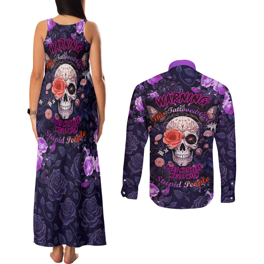Warning This Tattooed Give Does Not Play Well With Stupid People Couples Matching Tank Maxi Dress and Long Sleeve Button Shirts - Wonder Print Shop