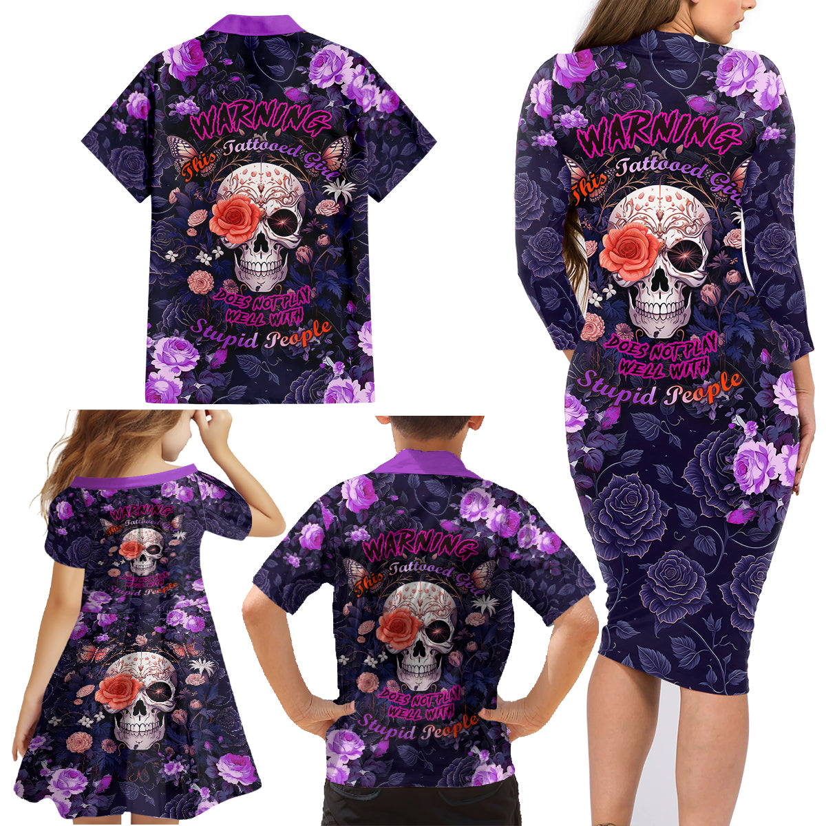 Warning This Tattooed Give Does Not Play Well With Stupid People Family Matching Long Sleeve Bodycon Dress and Hawaiian Shirt - Wonder Print Shop