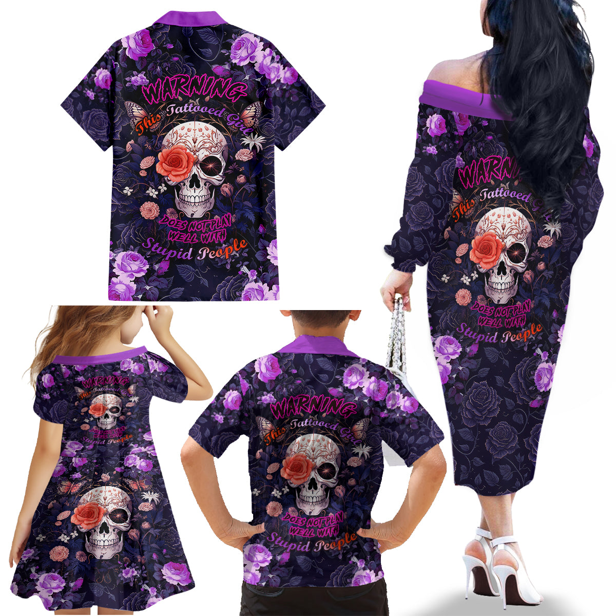 Warning This Tattooed Give Does Not Play Well With Stupid People Family Matching Off Shoulder Long Sleeve Dress and Hawaiian Shirt - Wonder Print Shop