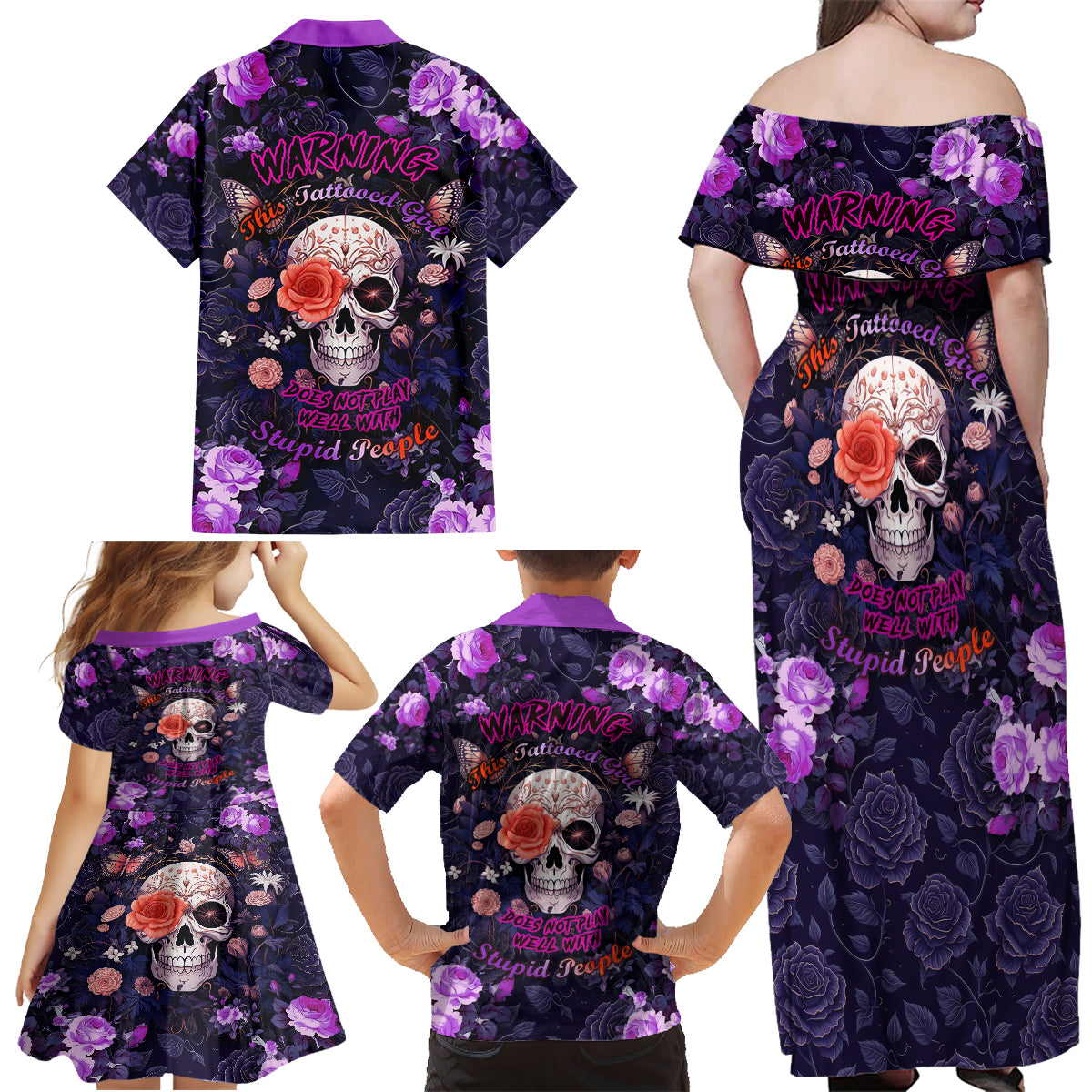 Warning This Tattooed Give Does Not Play Well With Stupid People Family Matching Off Shoulder Maxi Dress and Hawaiian Shirt - Wonder Print Shop