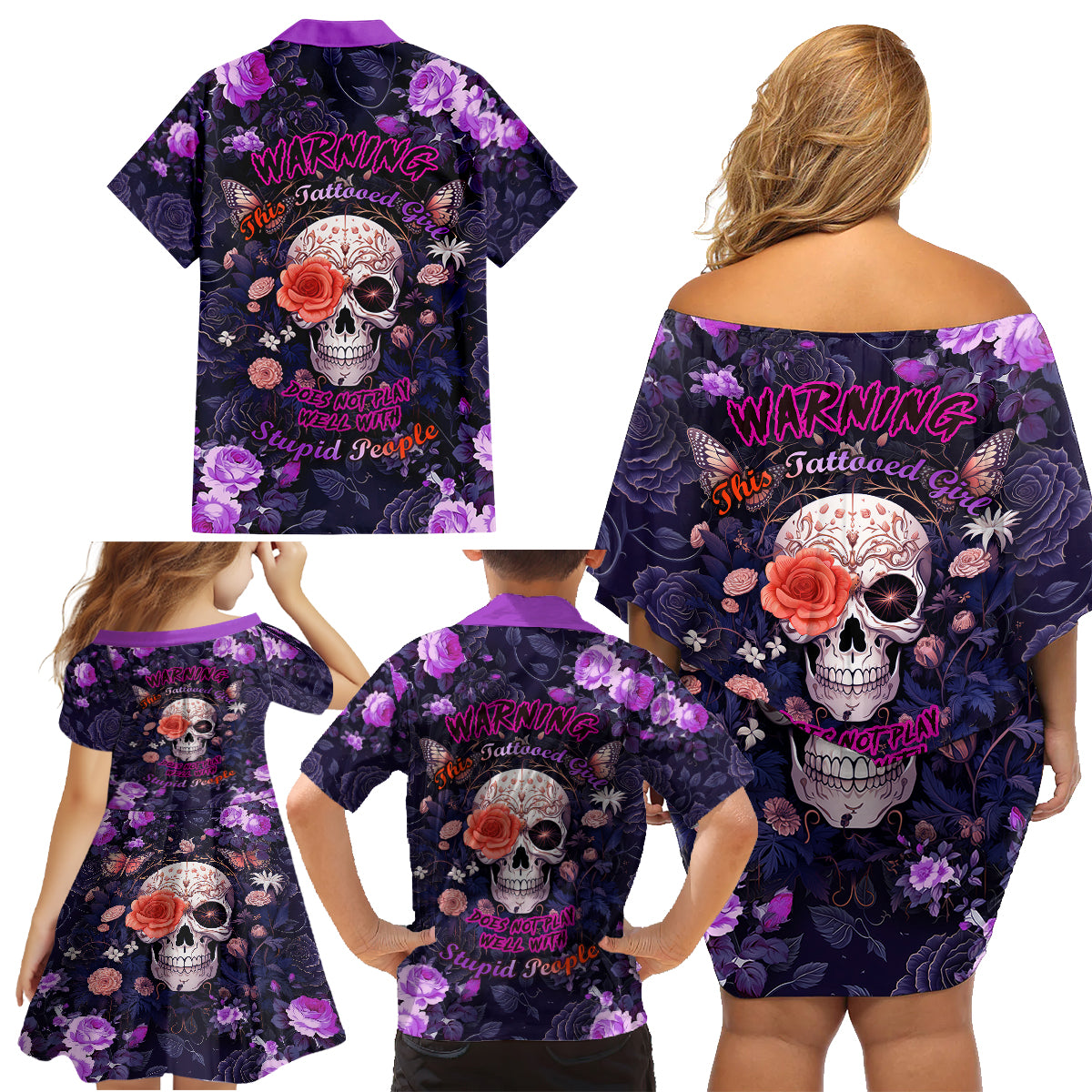Warning This Tattooed Give Does Not Play Well With Stupid People Family Matching Off Shoulder Short Dress and Hawaiian Shirt - Wonder Print Shop