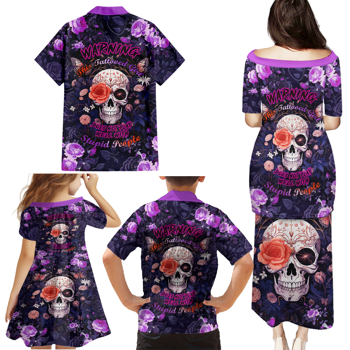 Warning This Tattooed Give Does Not Play Well With Stupid People Family Matching Puletasi Dress and Hawaiian Shirt - Wonder Print Shop