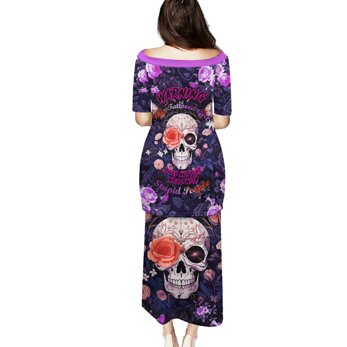 Warning This Tattooed Give Does Not Play Well With Stupid People Family Matching Puletasi Dress and Hawaiian Shirt - Wonder Print Shop