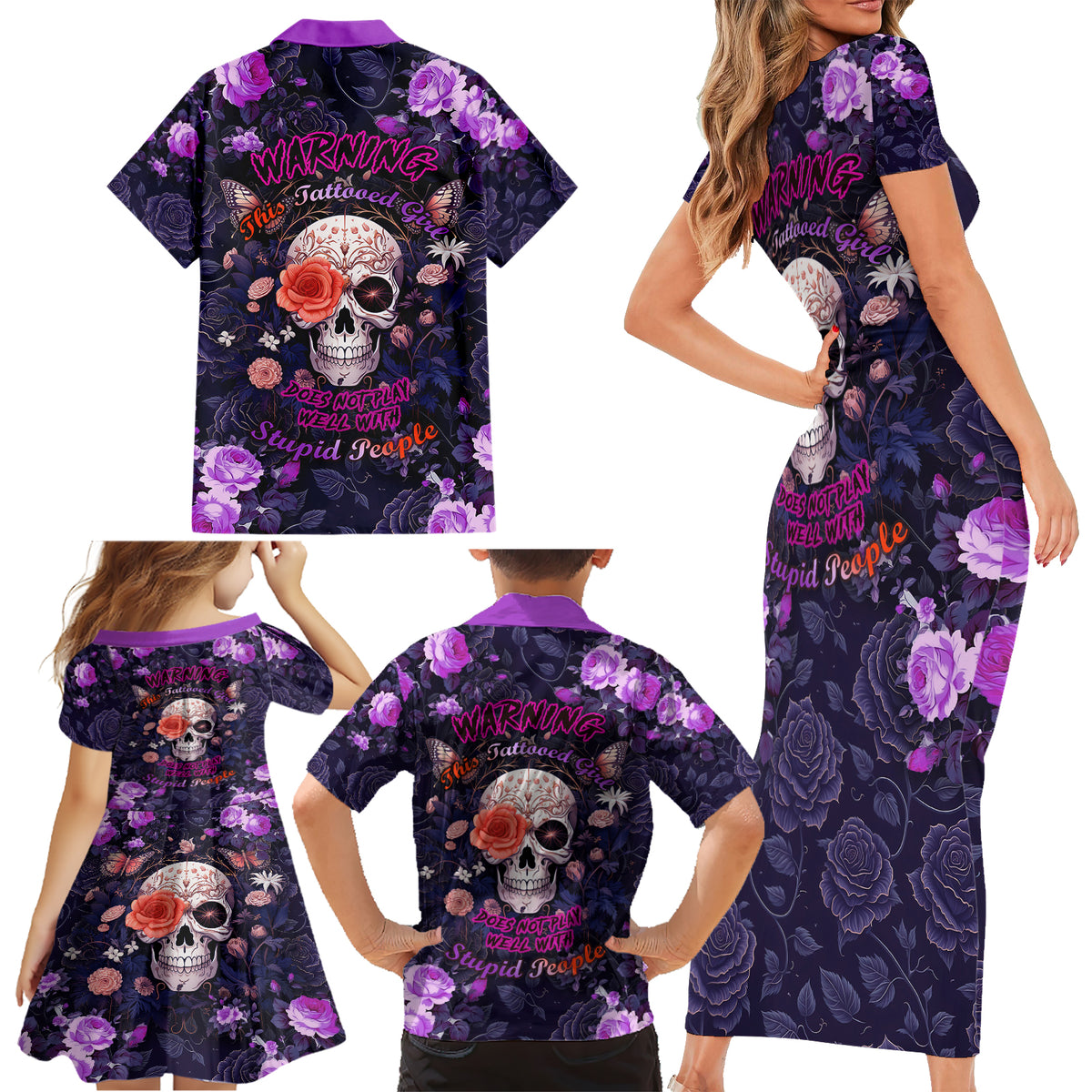 Warning This Tattooed Give Does Not Play Well With Stupid People Family Matching Short Sleeve Bodycon Dress and Hawaiian Shirt - Wonder Print Shop