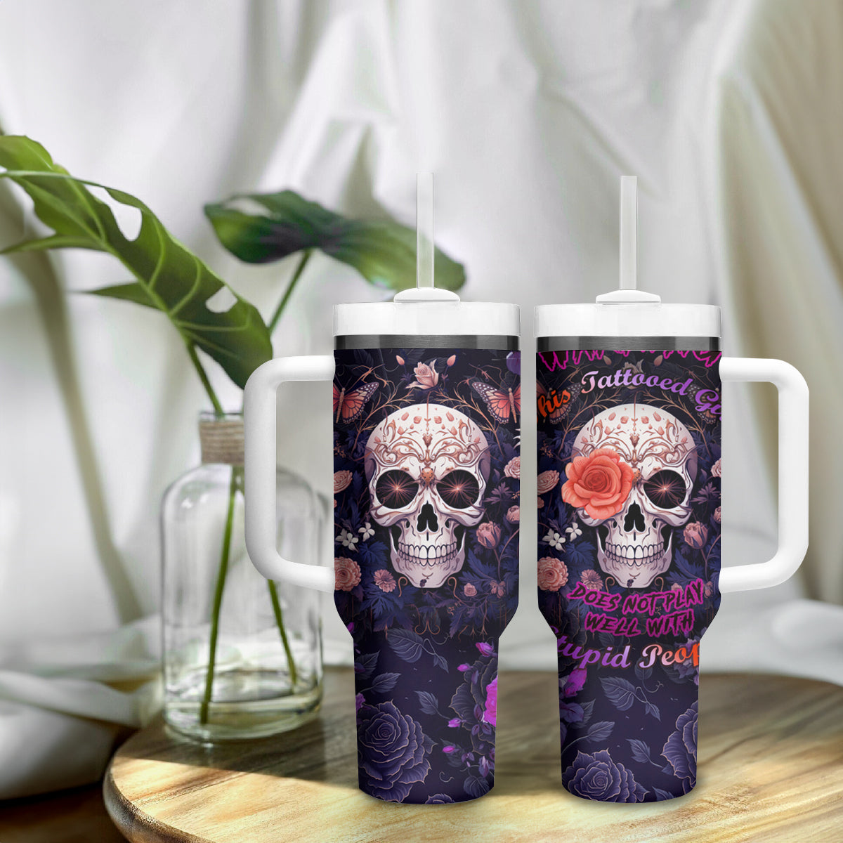 Warning This Tattooed Give Does Not Play Well With Stupid People Tumbler With Handle - Wonder Print Shop