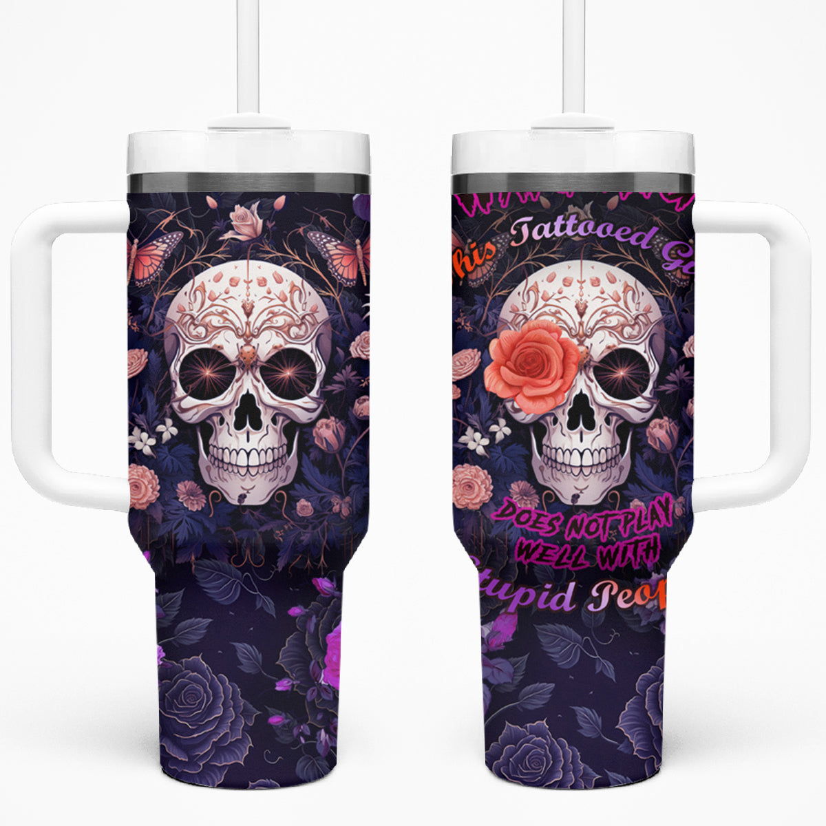 Warning This Tattooed Give Does Not Play Well With Stupid People Tumbler With Handle - Wonder Print Shop