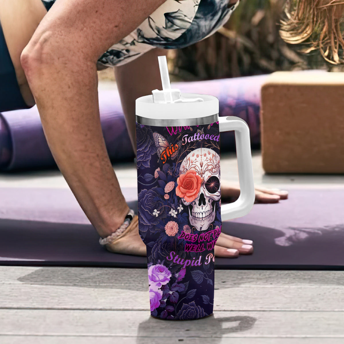 Warning This Tattooed Give Does Not Play Well With Stupid People Tumbler With Handle - Wonder Print Shop