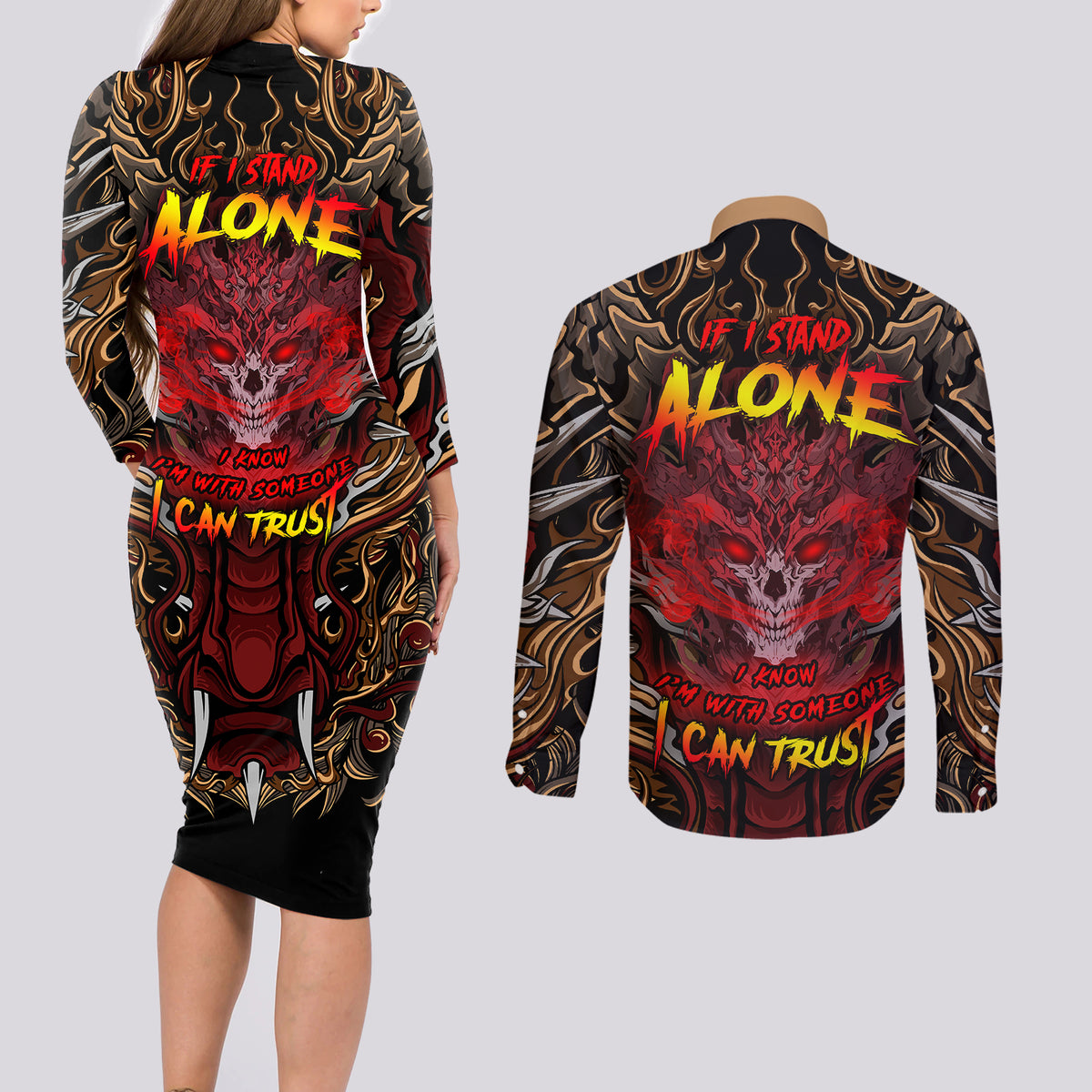 If I Stand Alone I Know I'm With Someone I Can Trust Couples Matching Long Sleeve Bodycon Dress and Long Sleeve Button Shirts - Wonder Print Shop