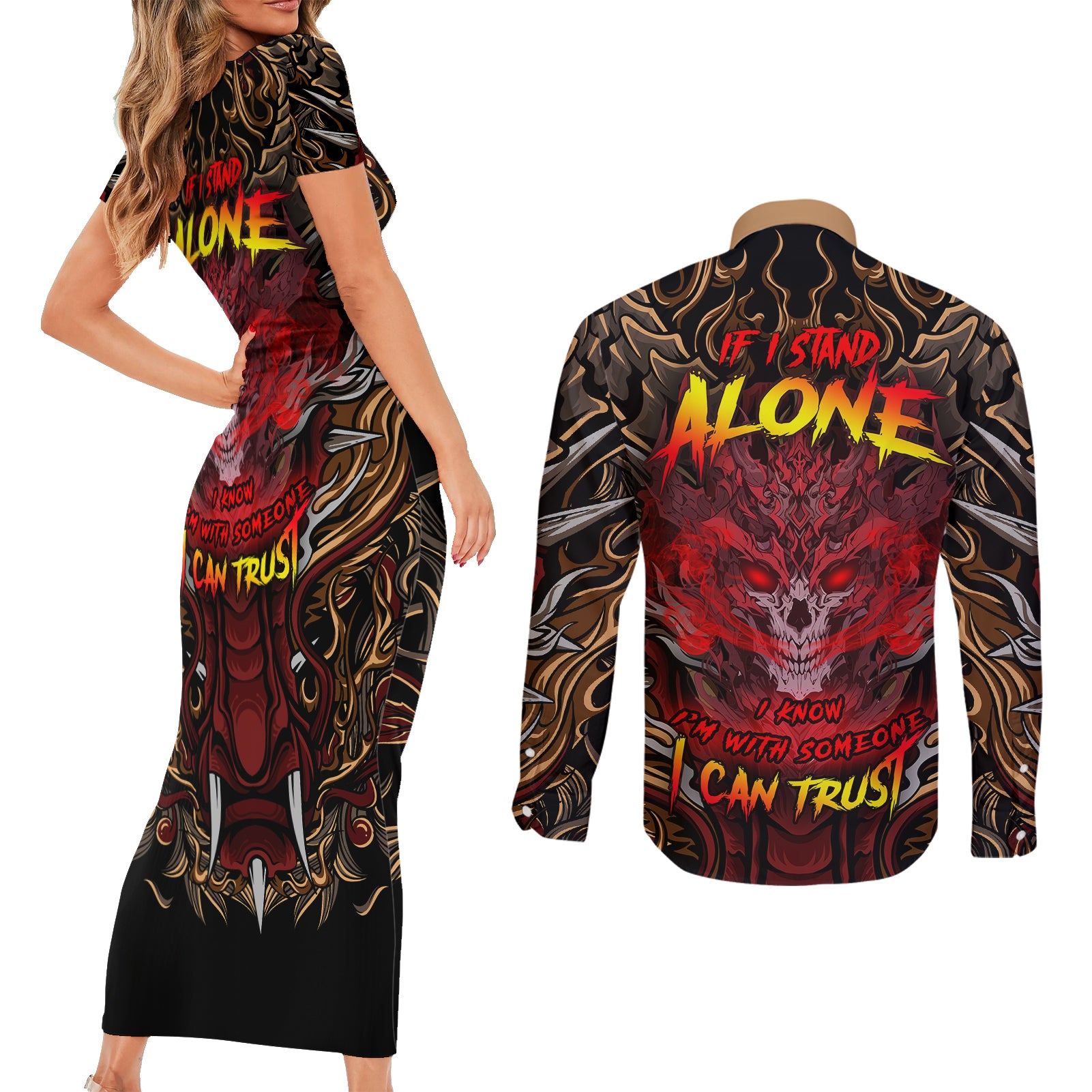 If I Stand Alone I Know I'm With Someone I Can Trust Couples Matching Short Sleeve Bodycon Dress and Long Sleeve Button Shirts - Wonder Print Shop