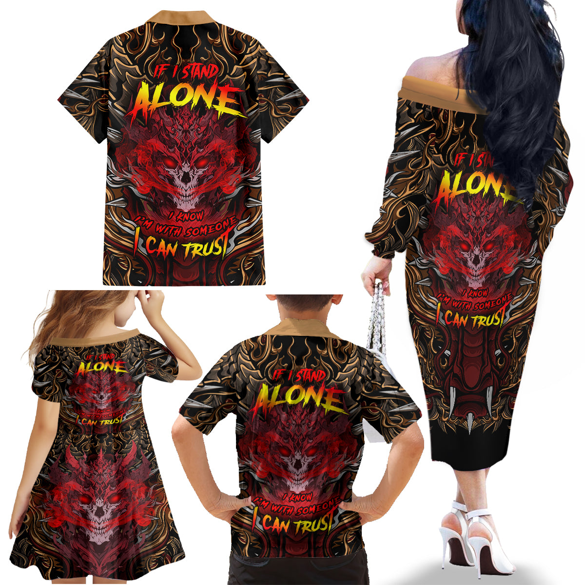If I Stand Alone I Know I'm With Someone I Can Trust Family Matching Off Shoulder Long Sleeve Dress and Hawaiian Shirt - Wonder Print Shop
