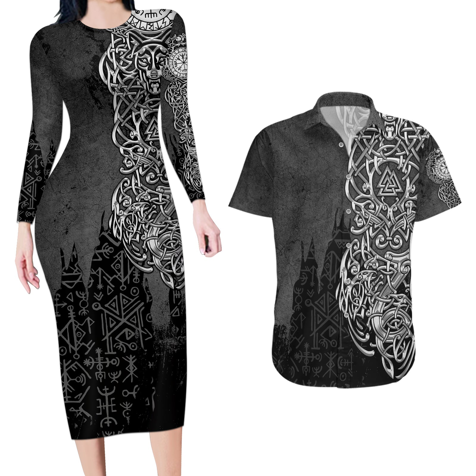Viking Skoll and Hati Couples Matching Long Sleeve Bodycon Dress and Hawaiian Shirt Chasing Eternity - Wonder Print Shop