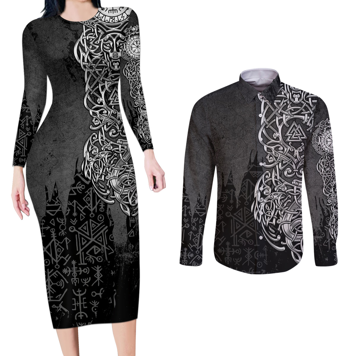 Viking Skoll and Hati Couples Matching Long Sleeve Bodycon Dress and Long Sleeve Button Shirts Chasing Eternity - Wonder Print Shop