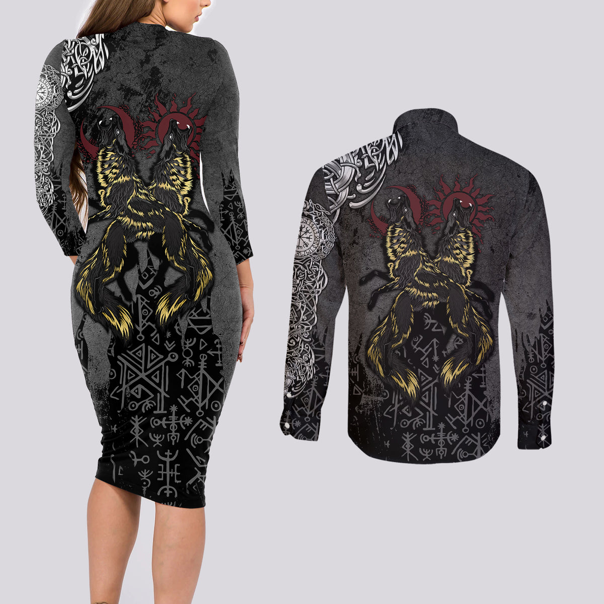Viking Skoll and Hati Couples Matching Long Sleeve Bodycon Dress and Long Sleeve Button Shirts Chasing Eternity - Wonder Print Shop