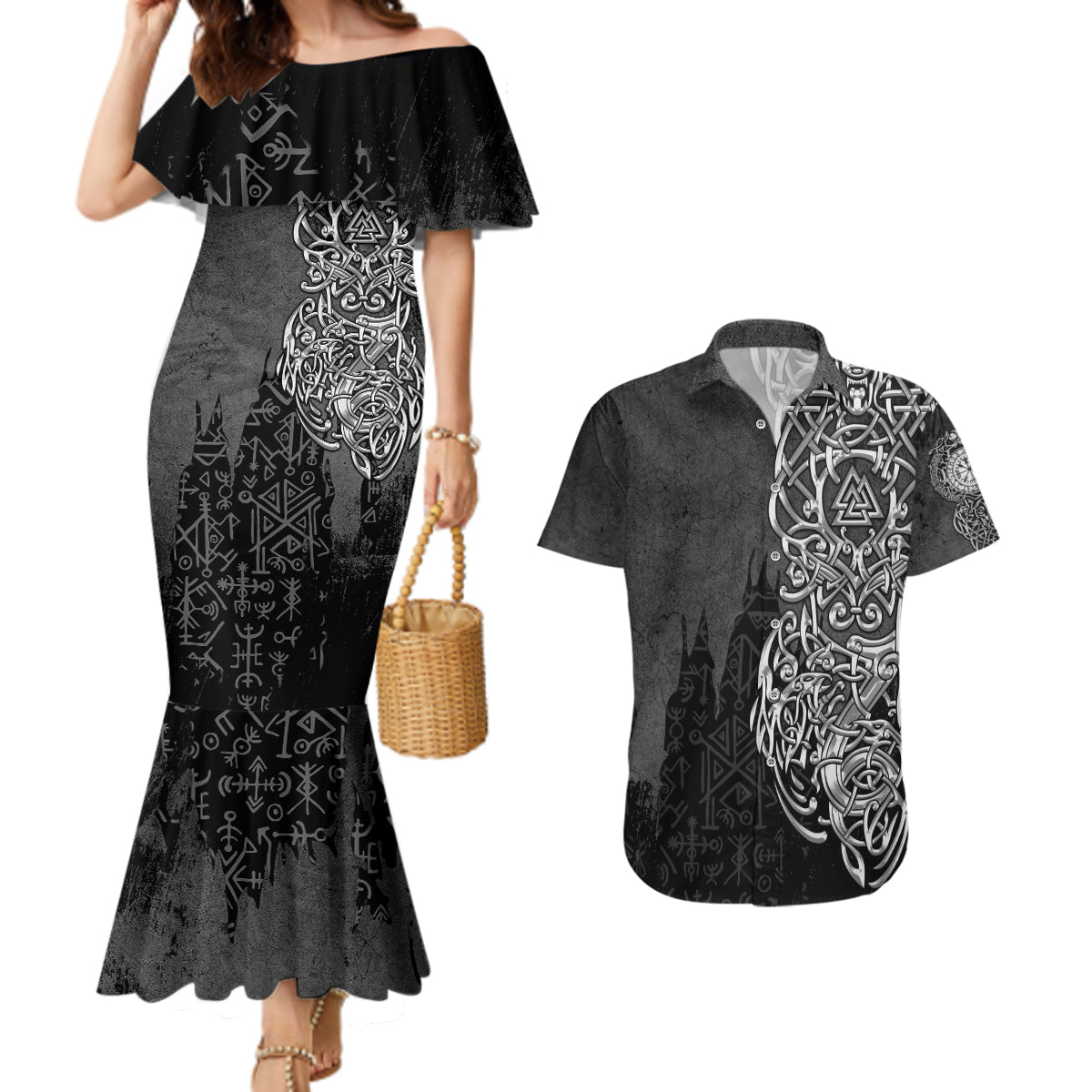 Viking Skoll and Hati Couples Matching Mermaid Dress and Hawaiian Shirt Chasing Eternity - Wonder Print Shop