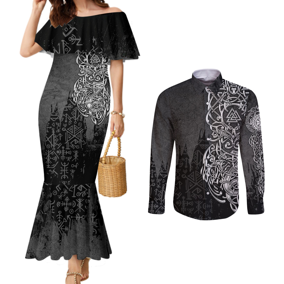 viking-skoll-and-hati-couples-matching-mermaid-dress-and-long-sleeve-button-shirts-chasing-eternity
