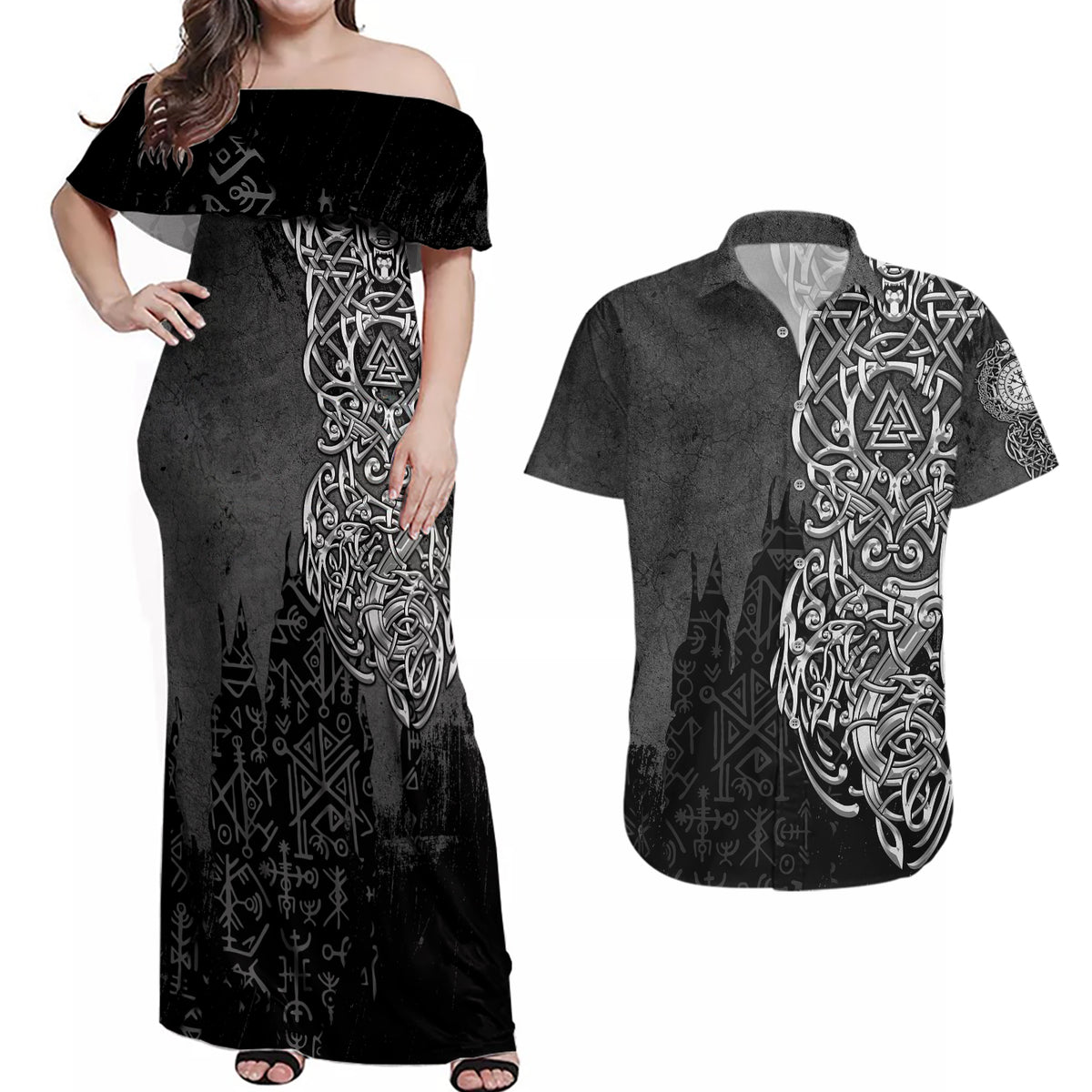 Viking Skoll and Hati Couples Matching Off Shoulder Maxi Dress and Hawaiian Shirt Chasing Eternity - Wonder Print Shop