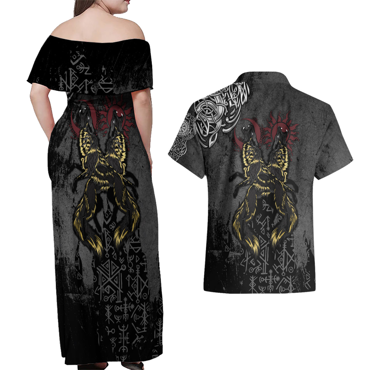 Viking Skoll and Hati Couples Matching Off Shoulder Maxi Dress and Hawaiian Shirt Chasing Eternity - Wonder Print Shop