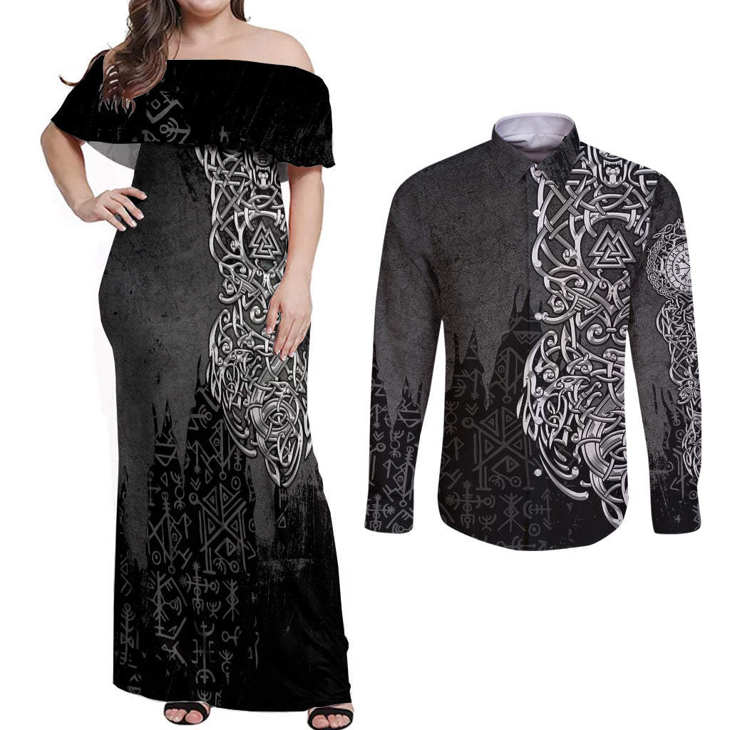 Viking Skoll and Hati Couples Matching Off Shoulder Maxi Dress and Long Sleeve Button Shirts Chasing Eternity - Wonder Print Shop