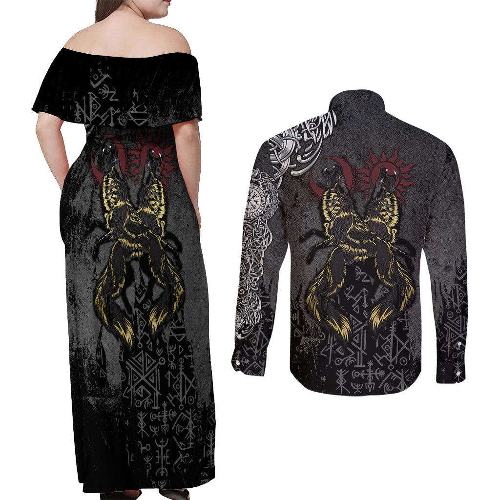 Viking Skoll and Hati Couples Matching Off Shoulder Maxi Dress and Long Sleeve Button Shirts Chasing Eternity - Wonder Print Shop