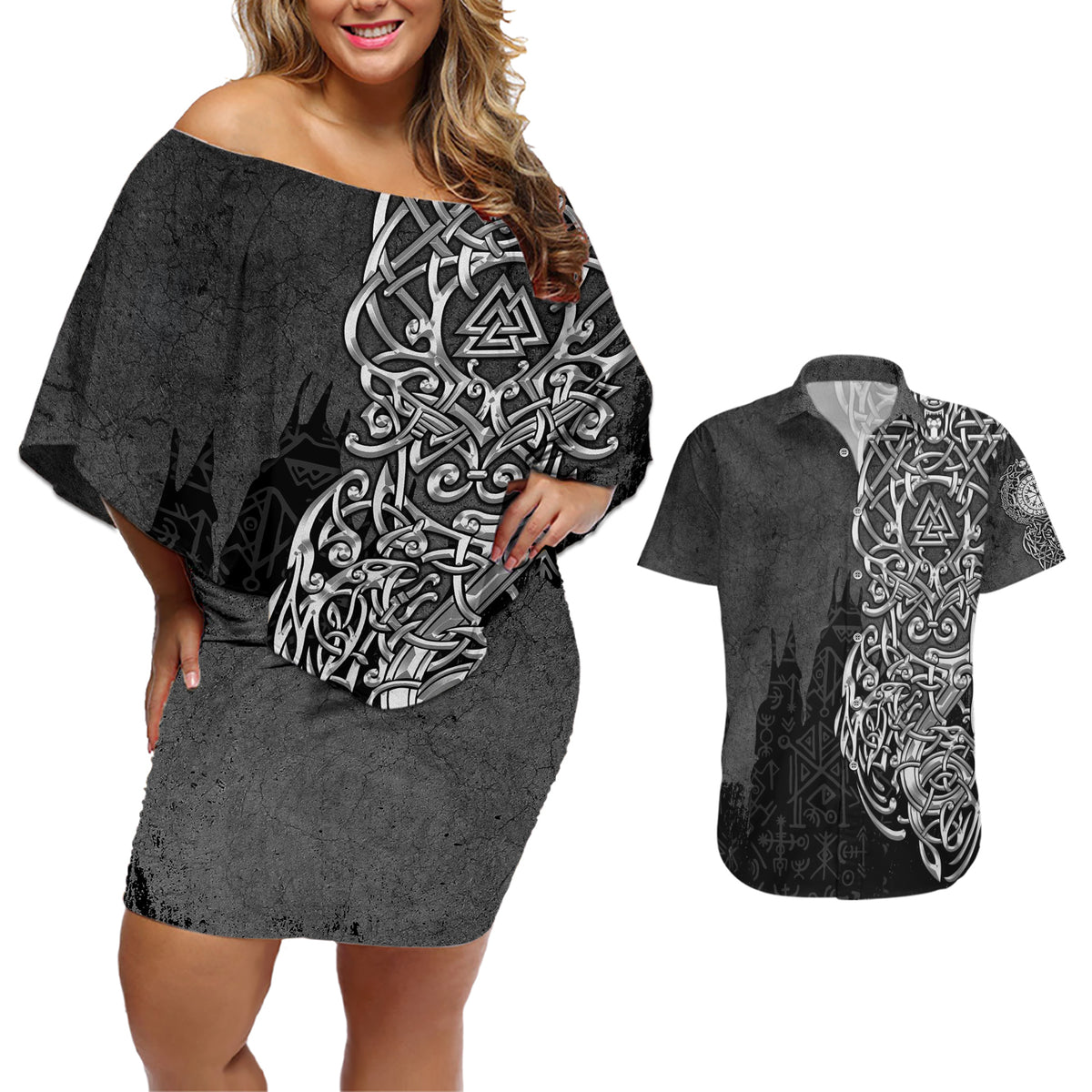 Viking Skoll and Hati Couples Matching Off Shoulder Short Dress and Hawaiian Shirt Chasing Eternity - Wonder Print Shop