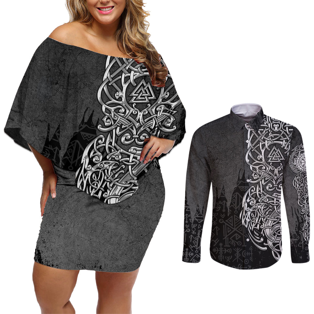 Viking Skoll and Hati Couples Matching Off Shoulder Short Dress and Long Sleeve Button Shirts Chasing Eternity - Wonder Print Shop