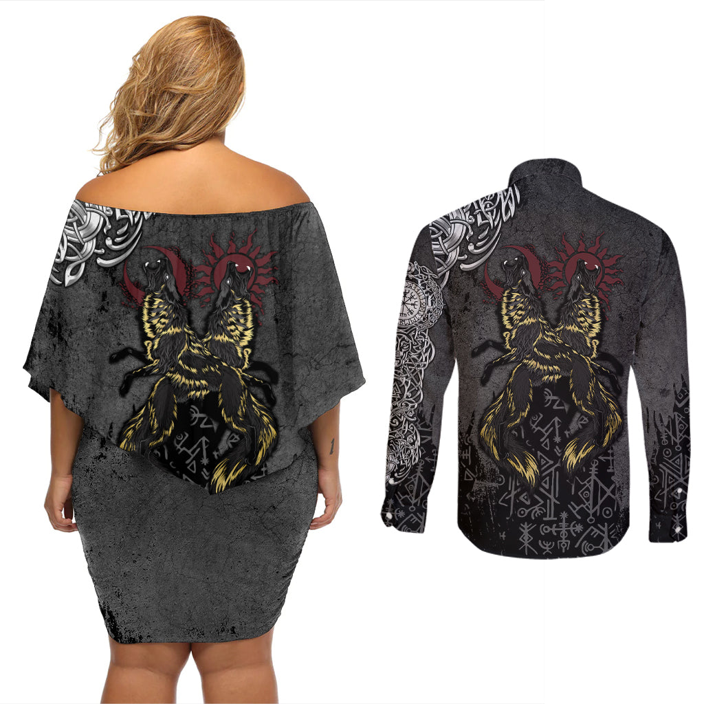 Viking Skoll and Hati Couples Matching Off Shoulder Short Dress and Long Sleeve Button Shirts Chasing Eternity - Wonder Print Shop