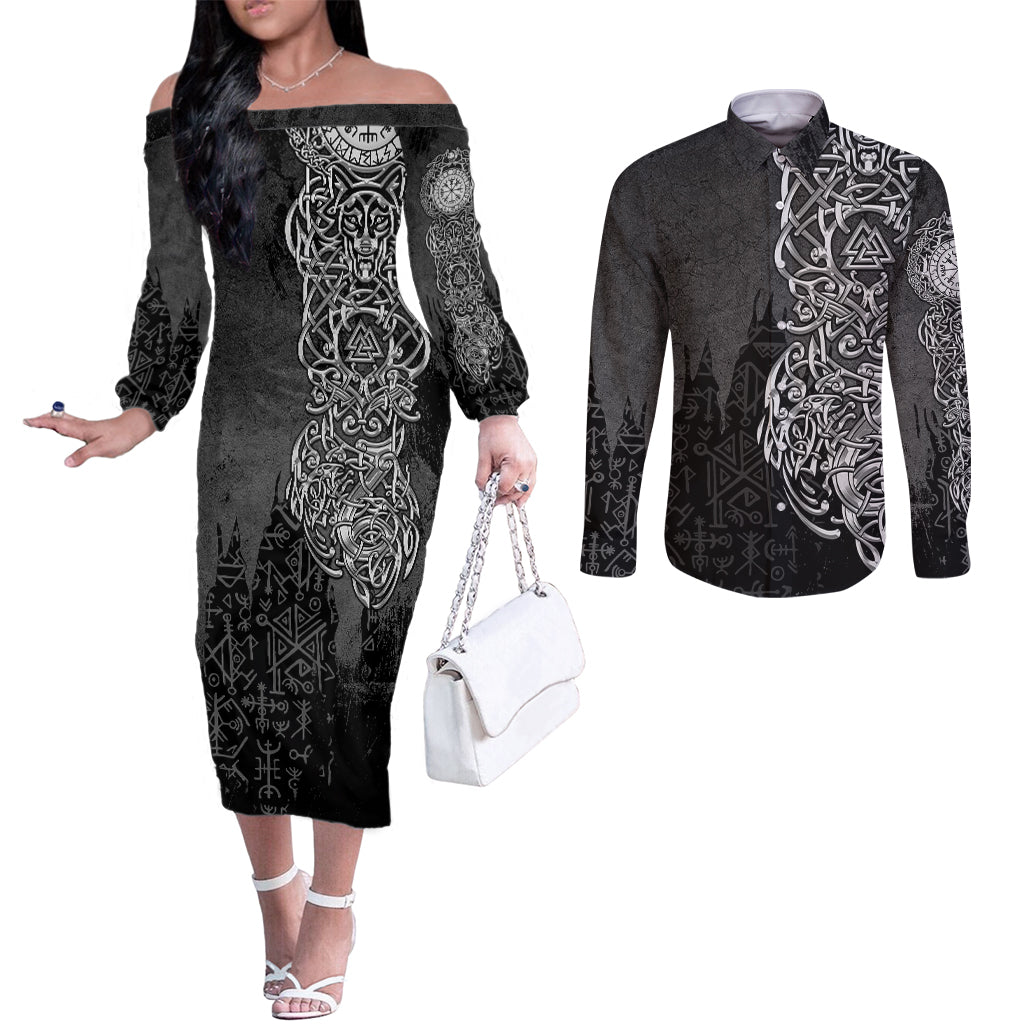 viking-skoll-and-hati-couples-matching-off-the-shoulder-long-sleeve-dress-and-long-sleeve-button-shirts-chasing-eternity